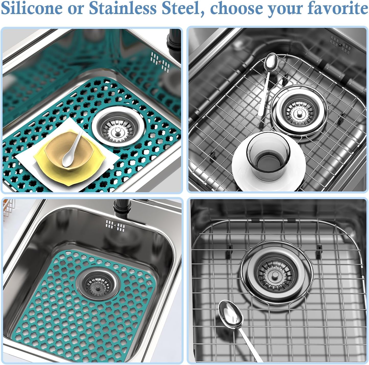 BEHOK 2 Pack Silicone Sink Protector for Kitchen Sink Bathroom Sink 13.58"x 11.6" Sink Mat, Non-Slip and Durable Silicone Sink Grid, Rear Drain (Gray)