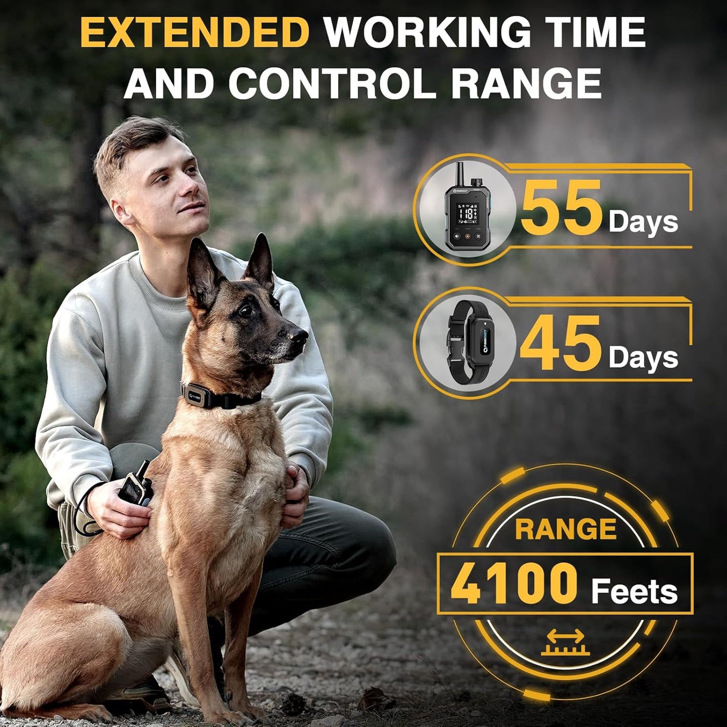 ABBIDOT Shock Collar - 4500ft Range Dog Training Collar, Super Mode, E-Clicker, Night Light, Safety Lock, Waterproof & Rechargeable E Collar for Small to Large Dogs (10-130 lbs)