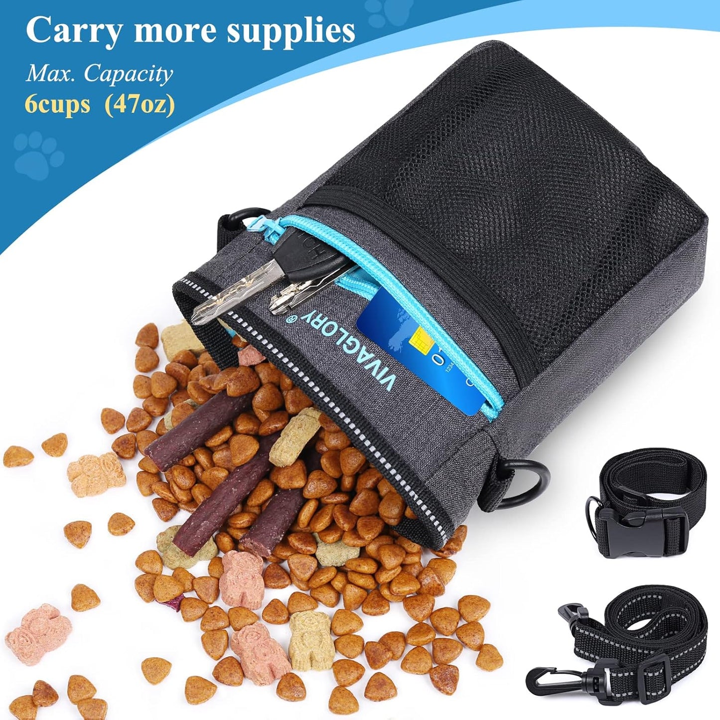 VIVAGLORY Dog Training Treat Pouch, 4Ways to Wear Dog Treat Bags, Built in Dog Waste Bag Dispenser Treats Training Bags with Reflective Adjustable Shoulder Strap, Black