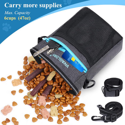 VIVAGLORY Dog Training Treat Pouch, 4Ways to Wear Dog Treat Bags, Built in Dog Waste Bag Dispenser Treats Training Bags with Reflective Adjustable Shoulder Strap, Black