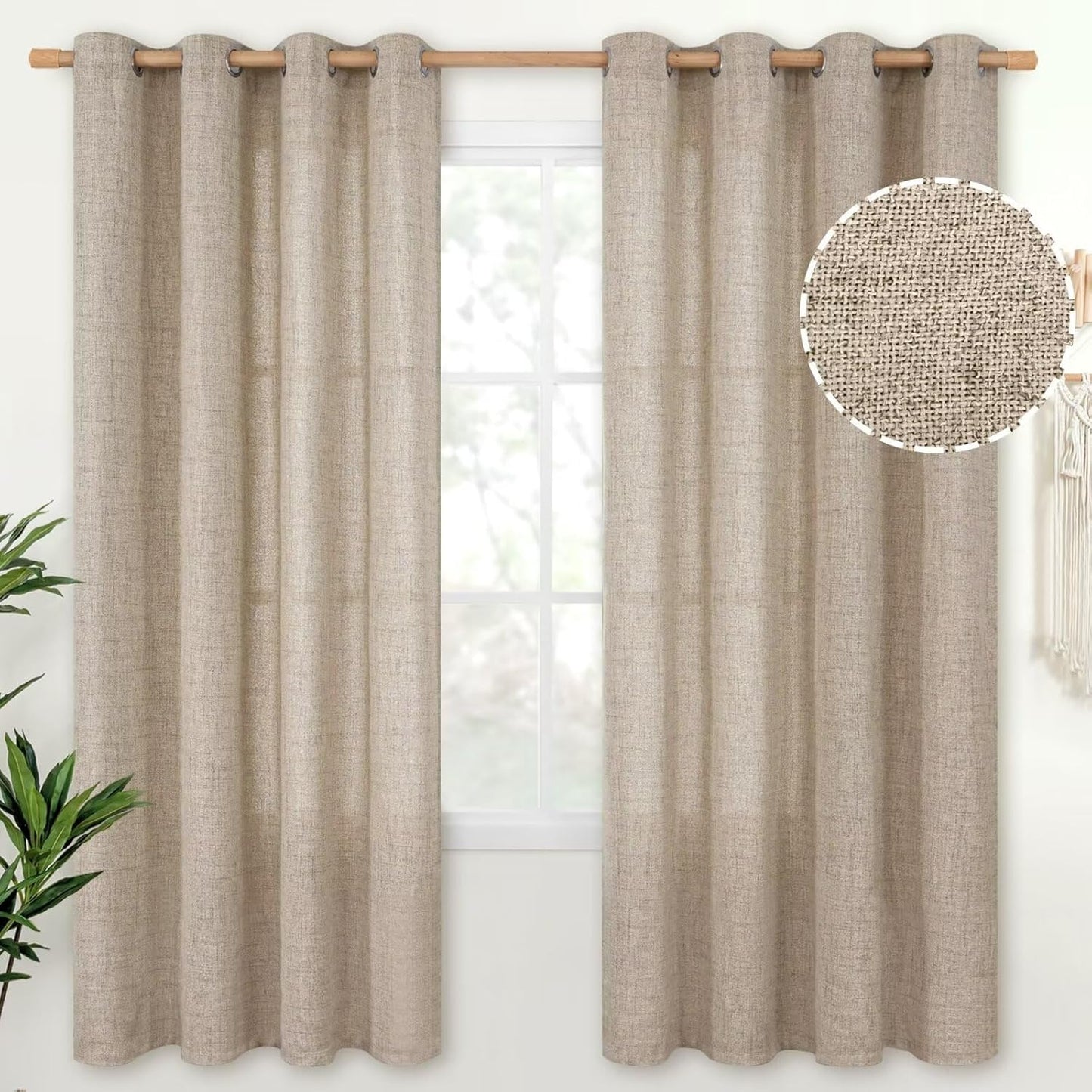 YoungsTex Natural Linen Curtains 84 Inch Long for Living Room Bedroom Grommet Top Light Filtering Privacy Linen Textured Window Semi Sheer Drapes, 2 Panels, 52x84 Inch, Natural