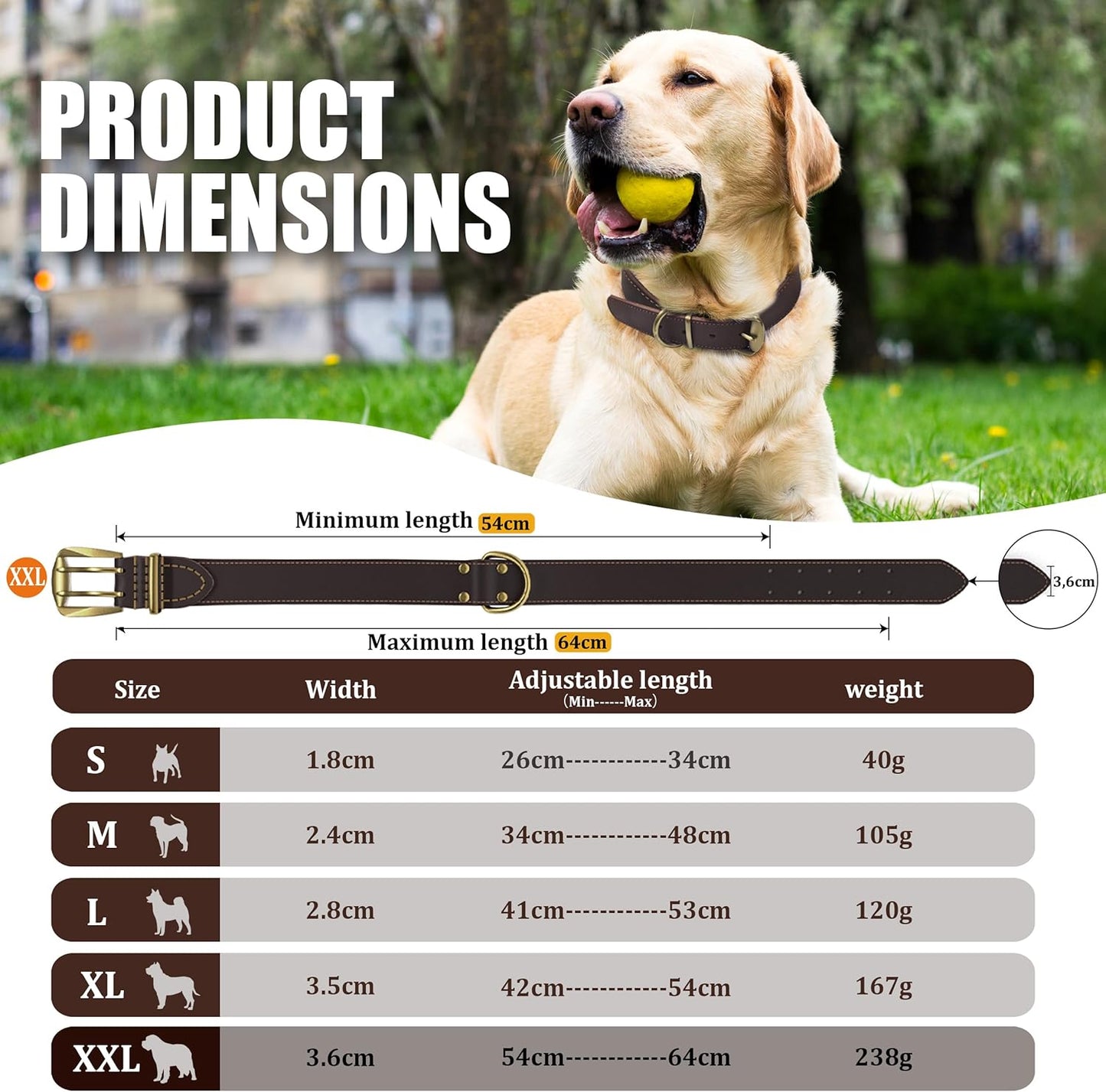 QRDA Leather Dog Collar Brown Dog Training Collar Heavy Duty Premium Leather Dog Collar Dog Collars for Medium/Large Dogs