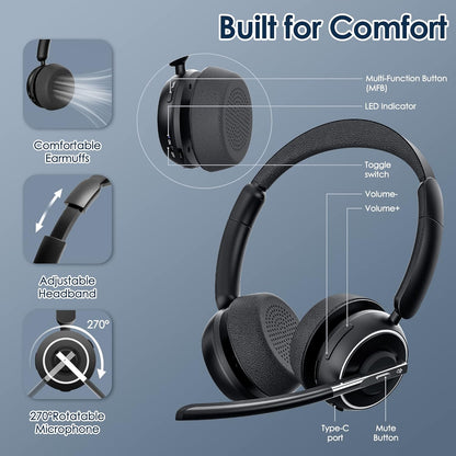(Upgraded Version) PrancyBt Wireless Headset, Bluetooth Headset with AI Noise Cancelling Mic, Bluetooth V5.2 Headphones with USB Dongle, Charging Base & Mic Mute for PC/Cell Phones/Call Center