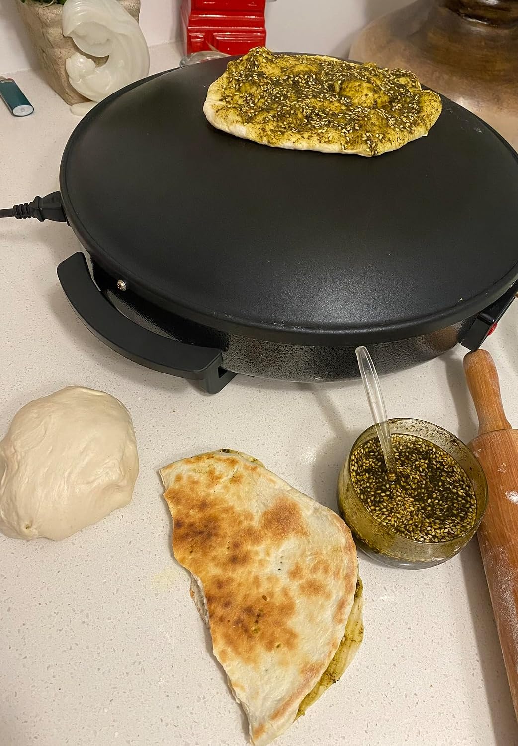 Saj Non-Stick Electric e-Saj Arabic Bread Maker, Tabkhi, Tabun, Chapati, Oriental Markouk, Thyme, Meat or Cheese Pie, Man2ouche Zaatar 16" (42cm) Medium صاج خبزعربي