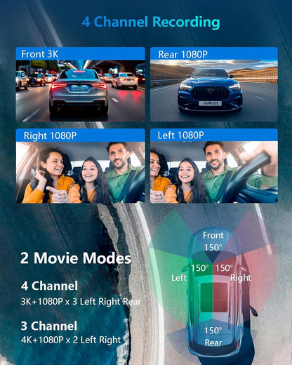 AI Dash Cam, 4 Channel Dash Cam Front and Rear, 4K Dash Camera with Driver Monitor System, Car Camera with 128GB SD Card, 360° Camera for Cars Built-in WiFi GPS, Night Vision, 24H Parking Mode V8Pro