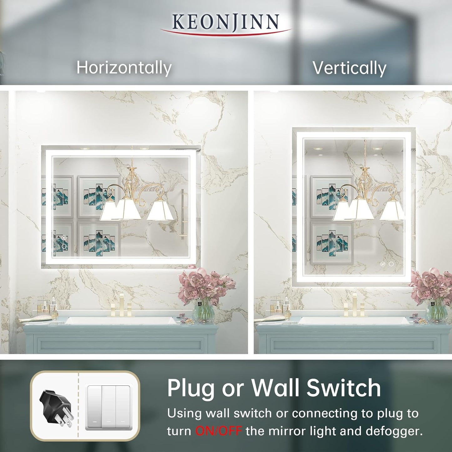 Keonjinn 40 x 24 Inch LED Mirror, Bathroom Mirror with Lights, LED Vanity Mirror, Wall Mounted Anti-Fog Dimmable Lighted Makeup Mirror for Bedroom, IP54 Waterproof (Horizontal/Vertical)