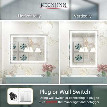 Keonjinn 40 x 24 Inch LED Mirror, Bathroom Mirror with Lights, LED Vanity Mirror, Wall Mounted Anti-Fog Dimmable Lighted Makeup Mirror for Bedroom, IP54 Waterproof (Horizontal/Vertical)