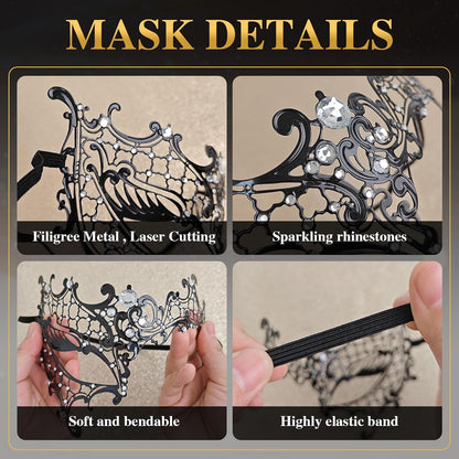 GYGYL Masquerade Mask for Women, Elegant Metal Mask with Sparkling Rhinestones, Adjustable Comfort Fit for Costume Parties, Halloween, Mardi Gras, Venetian Balls