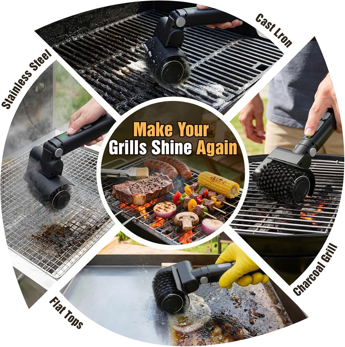 Electric Grill Brush for Outdoor, 3-in-1 Cordless Rotary Grill Brush | 3 Adjustable Speeds & Angles, 3 Replaceable Heads, 150-Minutes Long Runtime Grill Cleaning Brush for BBQ Grates