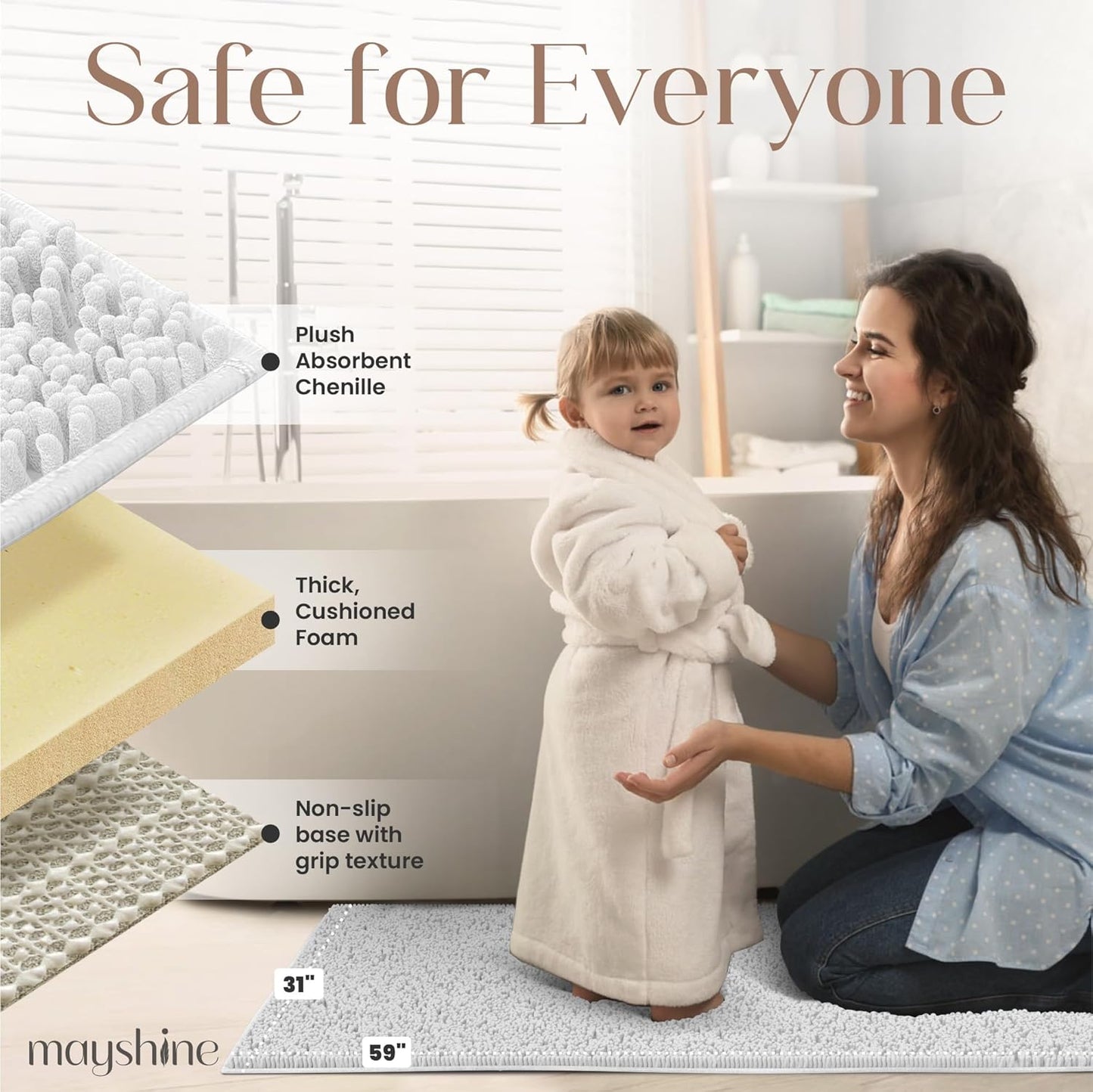 Soft Plush Chenille Bathroom Rug, Absorbent Microfiber Bath Mat, Machine Washable, Non-Slip Grip, Quick-Dry, Thick Shag Carpet Great for Bath, Shower Floor, Bedroom, or Door Mat (Beige, 17x24)