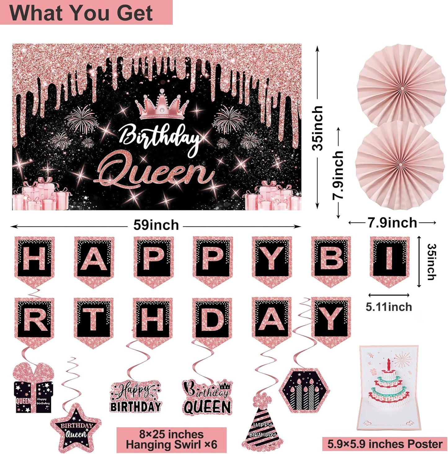 40th Birthday Decorations for Women,32pcs 40th Birthday Party Decorations,Including Backdrop, Crown,Sash,banner, Hanging Swirl,Cake Topper,balloons,Paper Fans,Anniversary Card and paper fans