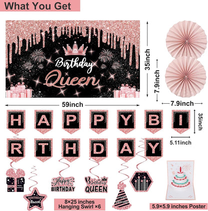 40th Birthday Decorations for Women,32pcs 40th Birthday Party Decorations,Including Backdrop, Crown,Sash,banner, Hanging Swirl,Cake Topper,balloons,Paper Fans,Anniversary Card and paper fans
