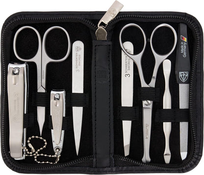 3 Swords Germany - brand quality 8 piece manicure pedicure grooming kit set for professional finger & toe nail care scissors clipper fashion leather case camou in gift box, Made in Germany