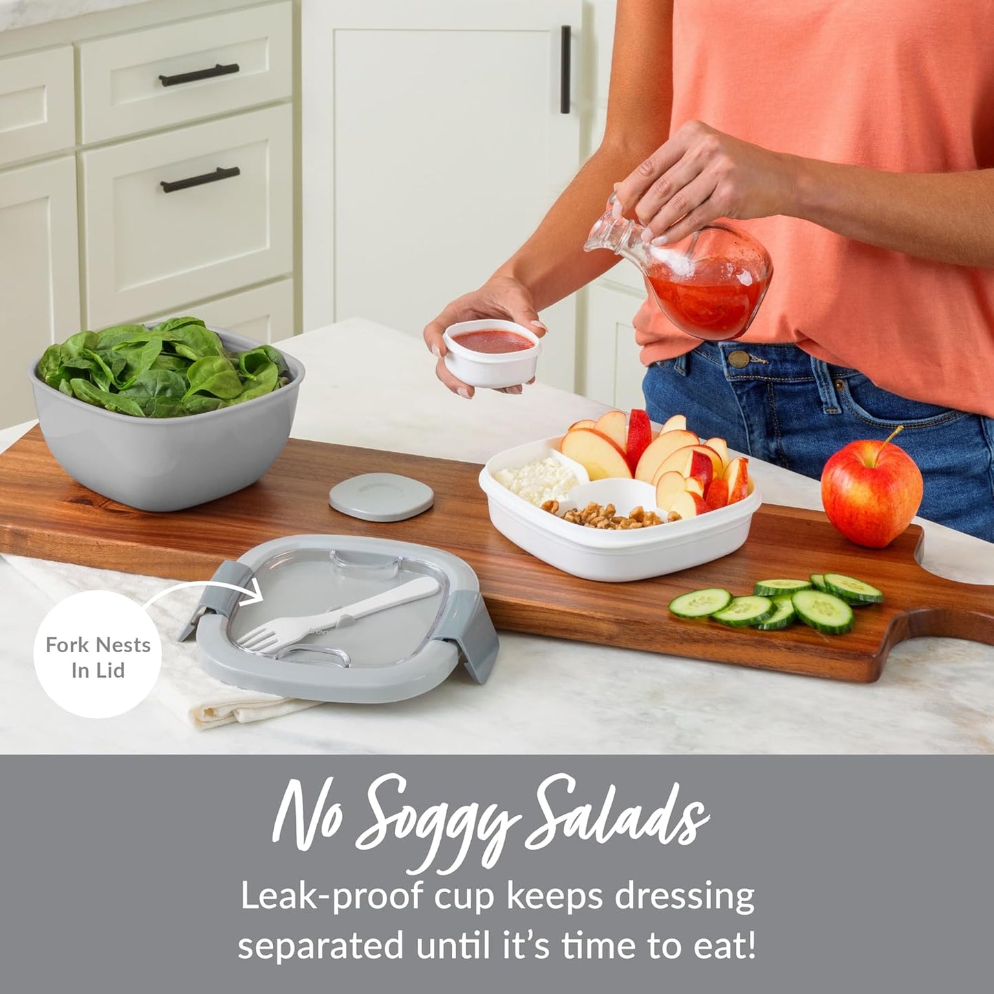 Bentgo Salad - Stackable Lunch Container with Large 54-oz Salad Bowl, 4-Compartment Bento-Style Tray for Toppings, 3-oz Sauce Container for Dressings, Built-in Reusable Fork & BPA-Free (Khaki Green)