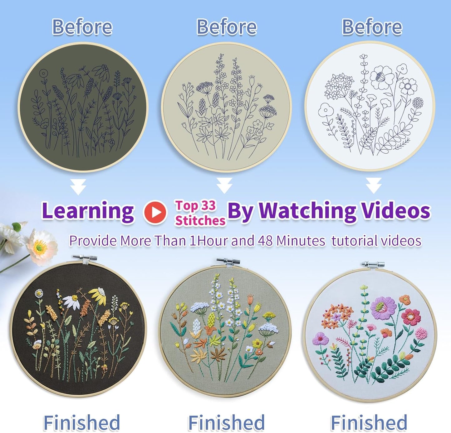 Purilite Select 3 Pack Beginner Embroidery Kits