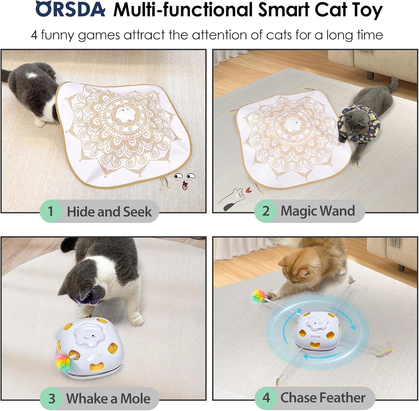 ORSDA Cat Toys Interactive, 4 in 1 Automatic Cat Toy, Hide and Seek, Whack a Mole, Magic Wand, Chasing Feather, with 4 Replacements, USB Rechargeable, for All Breed Sizes