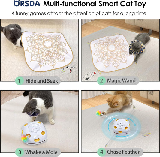 ORSDA Cat Toys Interactive, 4 in 1 Automatic Cat Toy, Hide and Seek, Whack a Mole, Magic Wand, Chasing Feather, with 4 Replacements, USB Rechargeable, for All Breed Sizes - PuriLite
