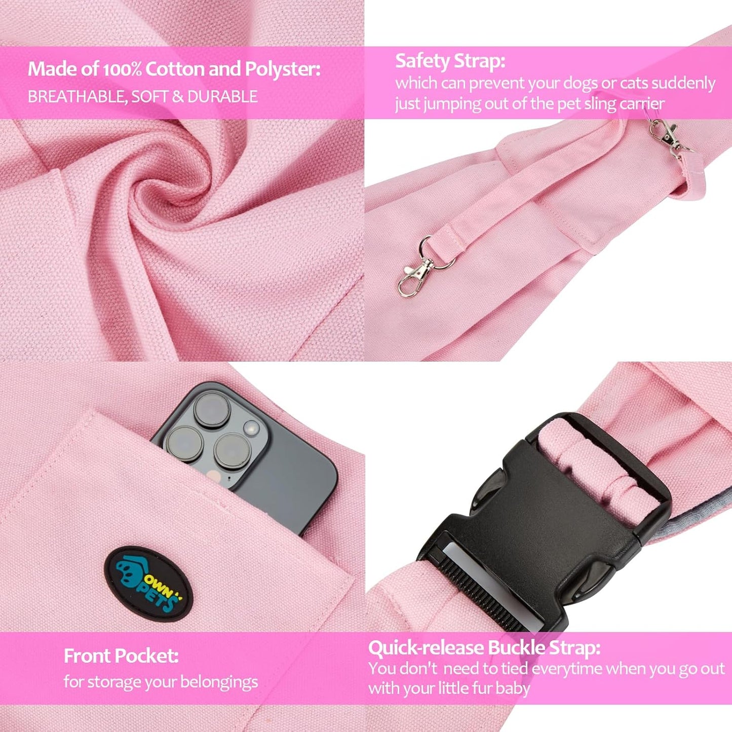 Ownpets Pet Sling Carrier Bag Safe, Fit Medium&Small Size Cats&Dogs, The Maximum Load 9~13lb Comfortable, Adjustable, Perfect for Daily Walk, Outdoor Activity and Weekend Adventure, Pink