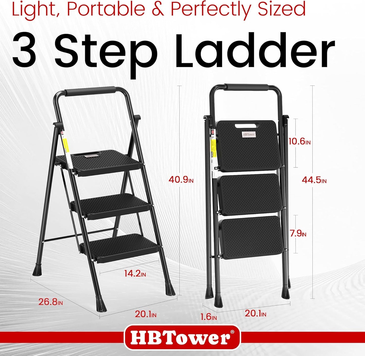 HBTower 3 Step Ladder, Folding Step Stool with Wide Anti-Slip Pedal, 500lbs Sturdy Steel Ladder, Convenient Handgrip, Lightweight, Portable Steel Step Stool, Black