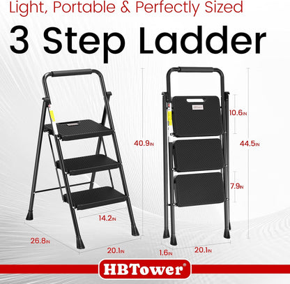 HBTower 3 Step Ladder, Folding Step Stool with Wide Anti-Slip Pedal, 500lbs Sturdy Steel Ladder, Convenient Handgrip, Lightweight, Portable Steel Step Stool, Black