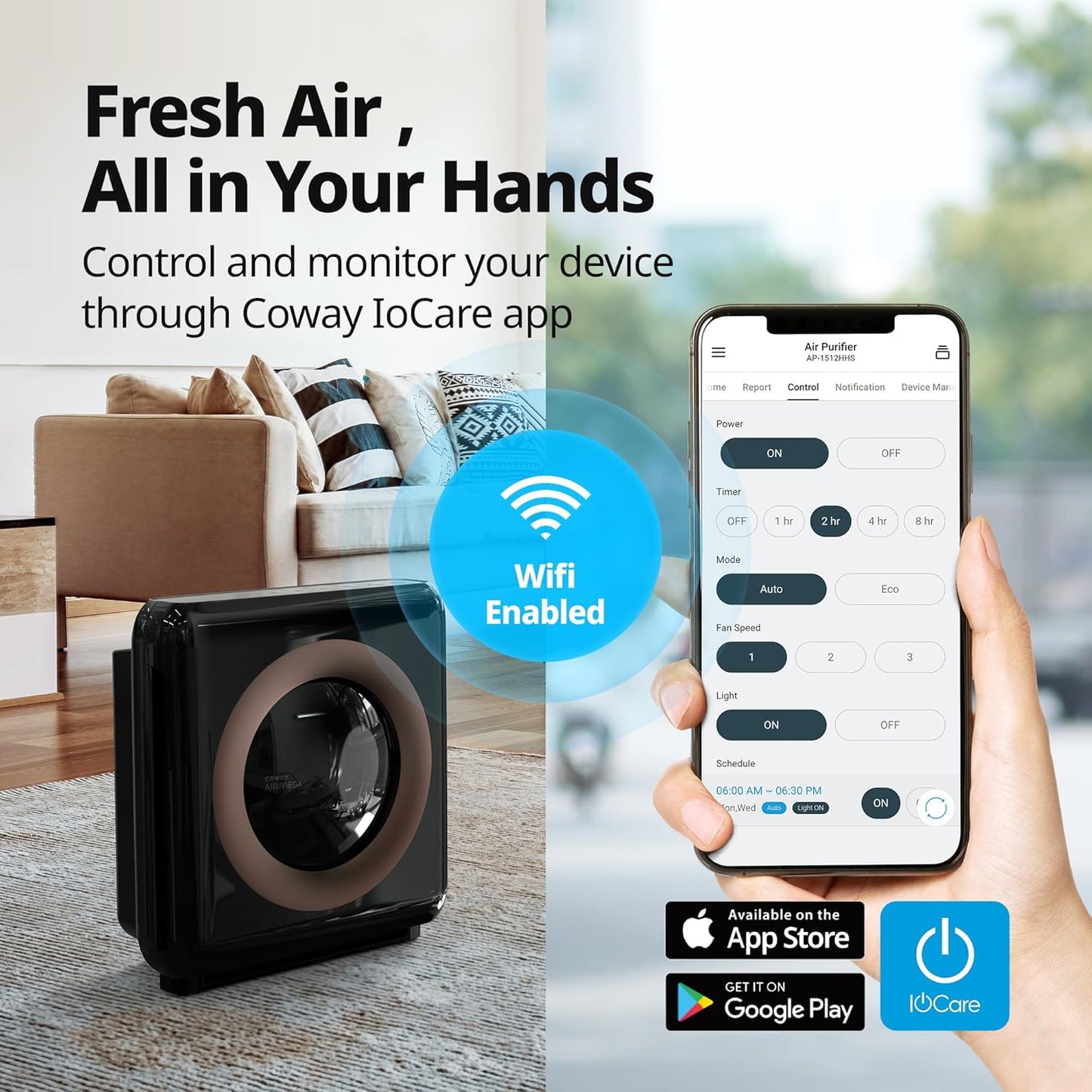 Coway Airmega AP-1512HH True HEPA Air Purifier with Air Quality Monitoring, Auto Mode, Timer, Filter Indicator, Eco Mode