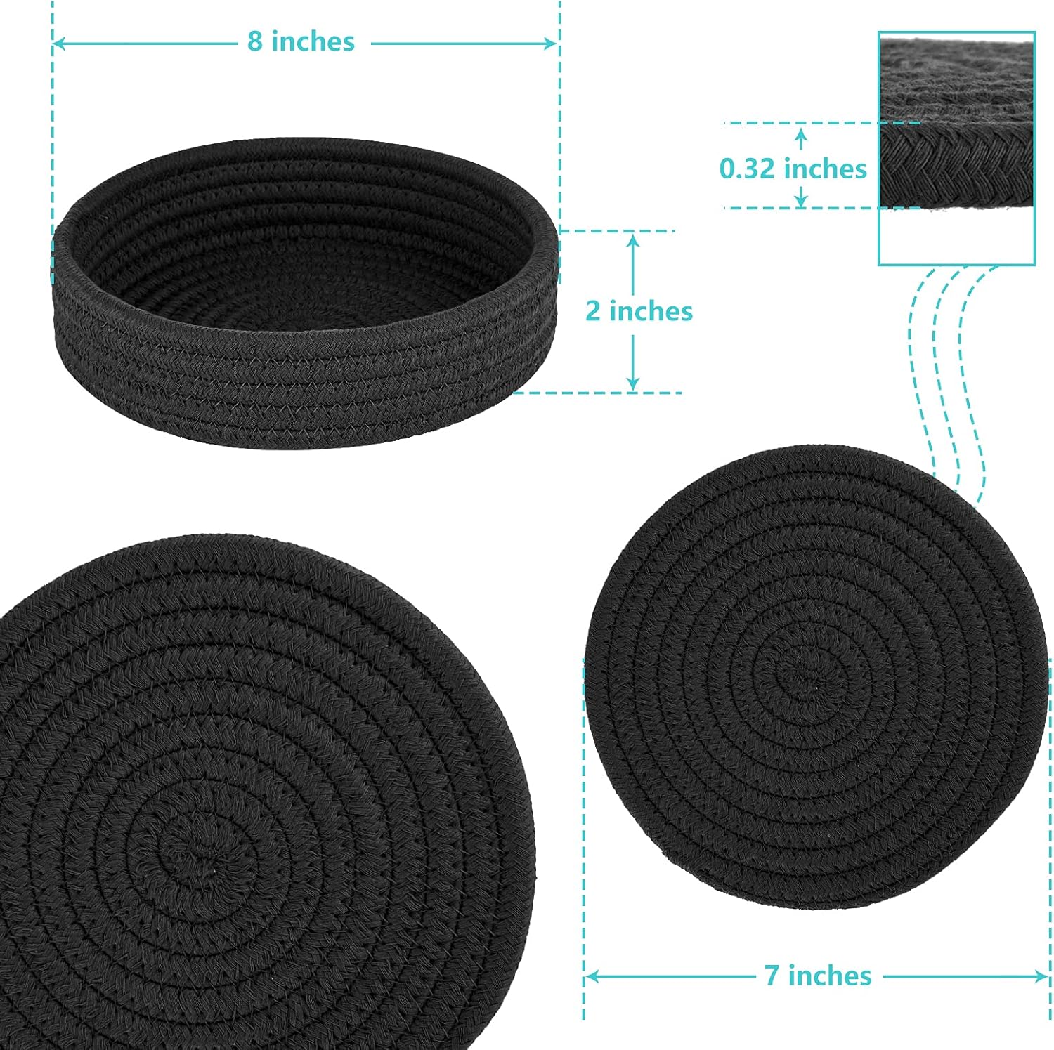 Cazzon Cotton Trivets for Hot Dishes 4-Pack with Storage Basket, Heat-Resistant Pot Holders and Hot Pads for Countertops, Round Cooking Mats, Black - PuriLite