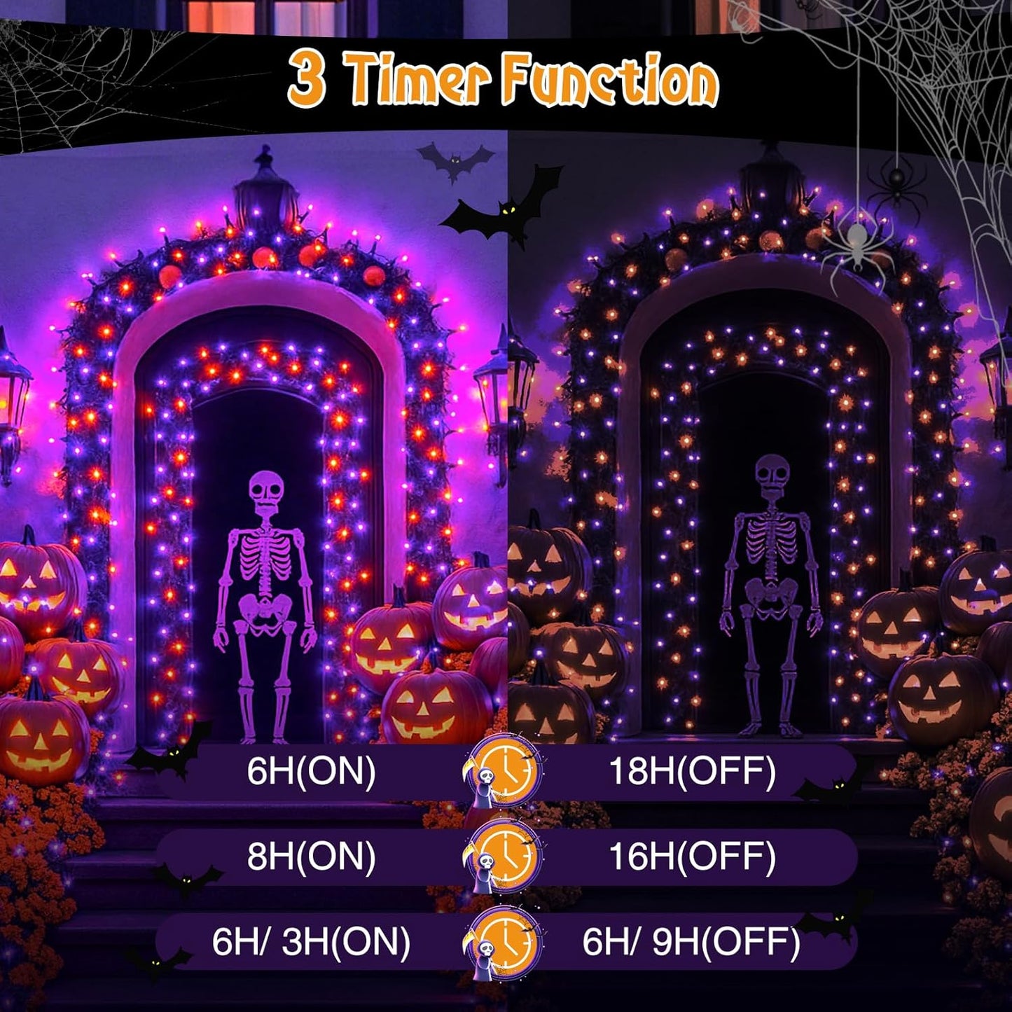 btfarm Halloween Lights Outdoor with Remote, 115FT 300 LED Orange Purple Halloween String Lights Indoor, Waterproof Connectable 8 Modes Plug in Twinkle Light for Tree Yard Garden Party Decorations