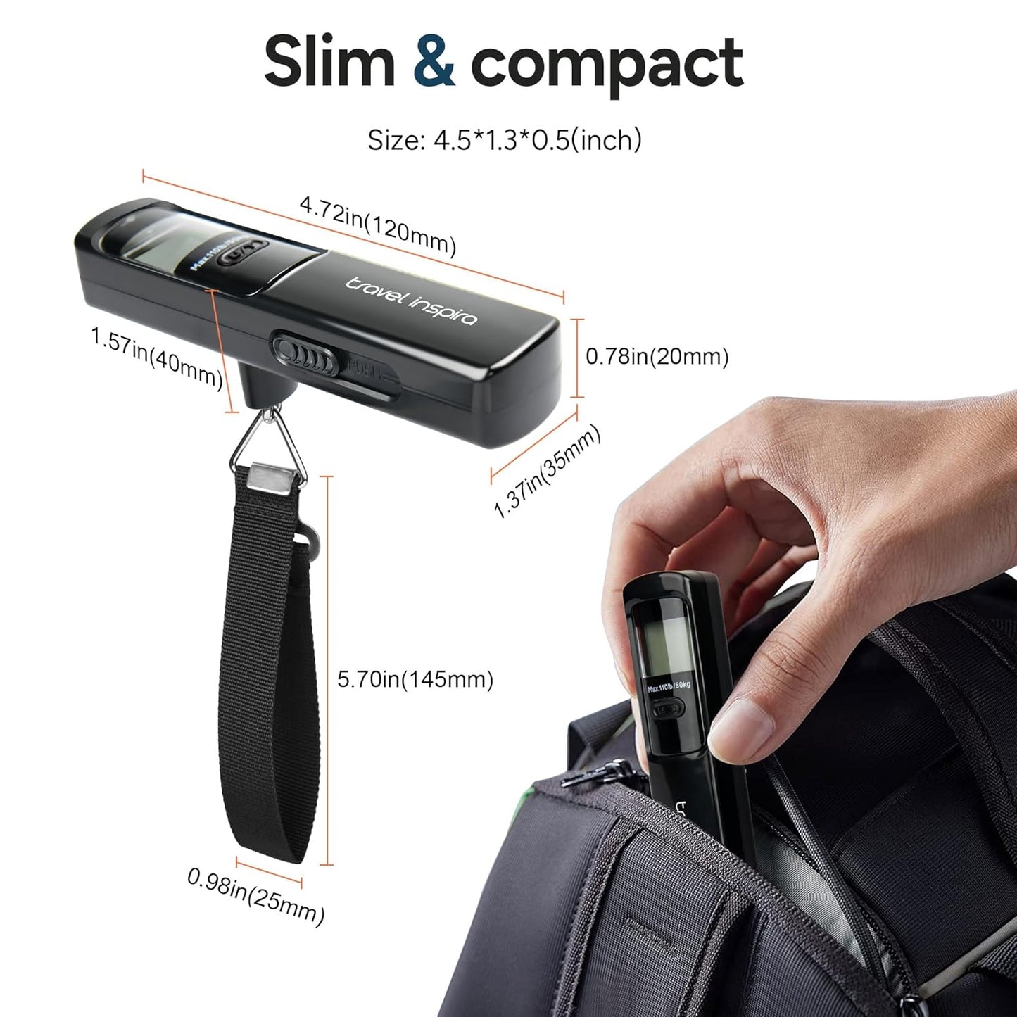 travel inspira Luggage Scale Battery-Free, Travel Essentials, Portable Handheld Digital Suitcase Weight Scale for for Travel Accessories, 110lbs/50kg
