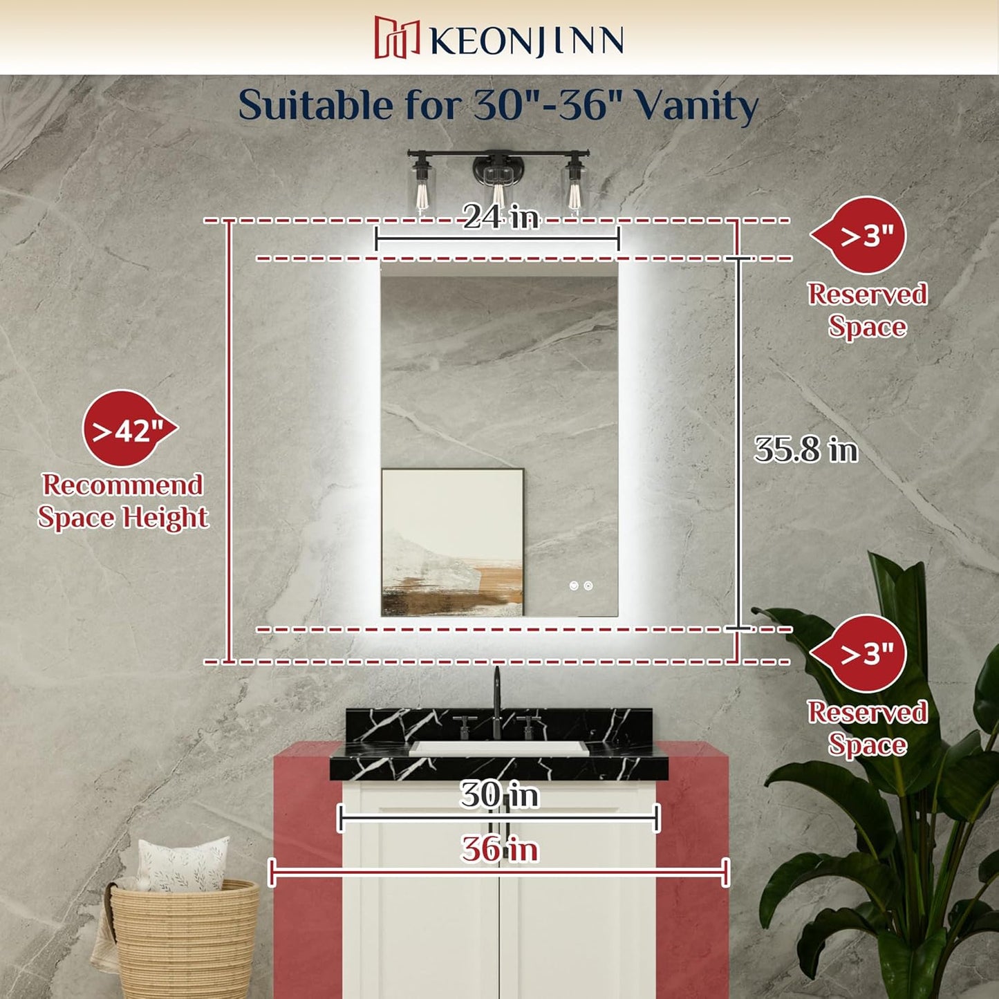 Keonjinn 40 x 32 Inch LED Bathroom Mirror with Acrylic, Backlit Mirror Anti-Fog, Lighted Bathroom Mirror for Wall, CRI90 High Definition Dimmable Large Makeup Mirror(Horizontal/Vertical)