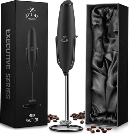 Zulay Milk Frother Complete Set Coffee Gift, Handheld Foam Maker for Lattes - Whisk Drink Mixer for Coffee, Mini Blender for Cappuccino, Frappe - Includes Frother, Stencils & Frothing Cup (Black)