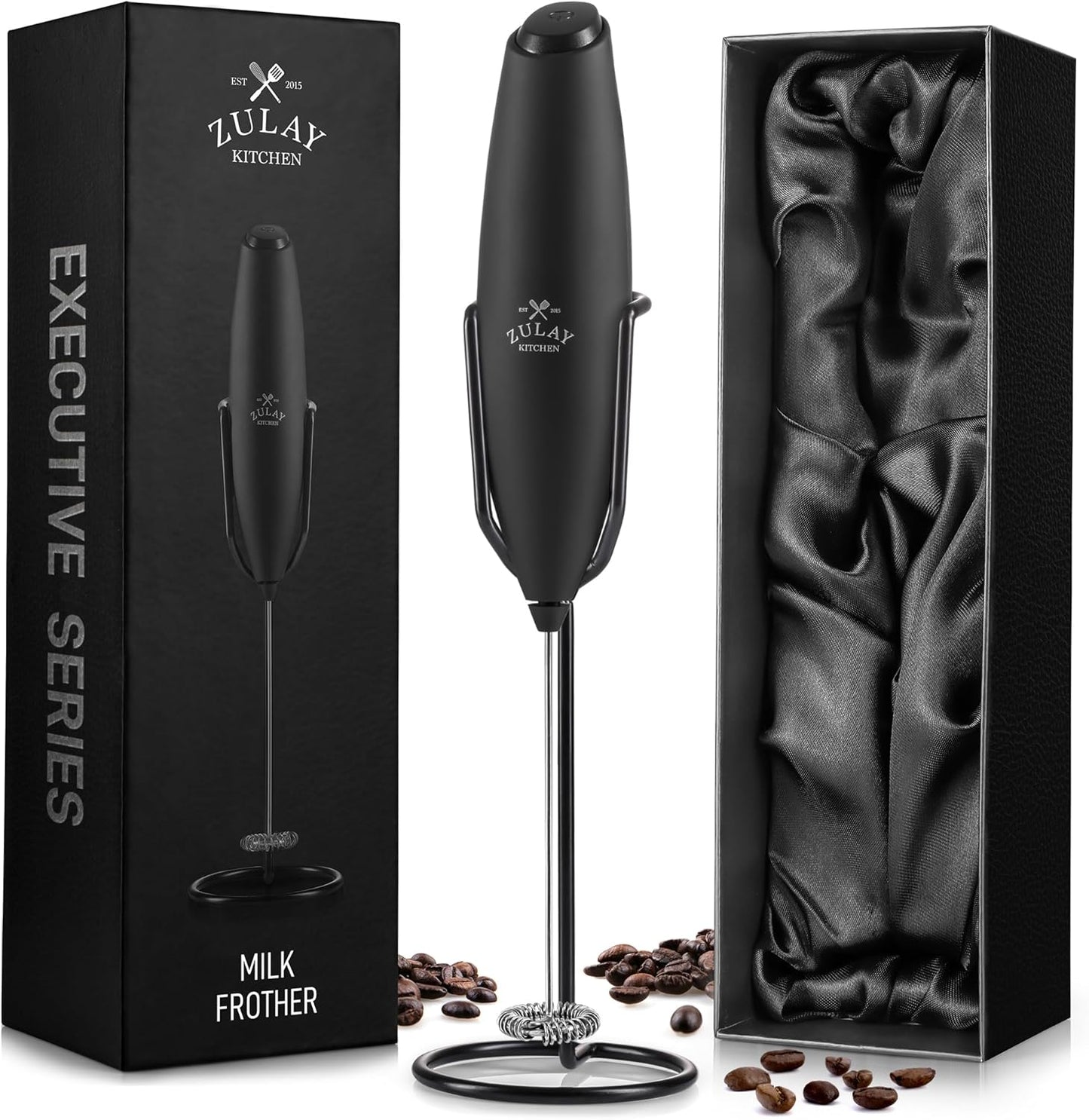 Zulay Kitchen Powerful Double Whisk Milk Frother Handheld - Foam Maker with Stand - Whisk Drink Mixer for Coffee, Mini Foamer for Latte, Matcha, Frappe, Hot Chocolate & Cappuccino (Black)