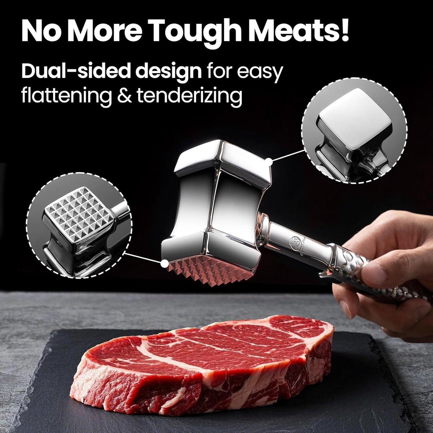 Stainless Steel Meat Tenderizer Tool, Premium Meat Mallet with Non-Slip Grip, Dual-Sided with Heart Shape Design for Tenderizing Steak, Poultry & Chicken Cutlet, Dishwasher Safe, Lifetime Replacement