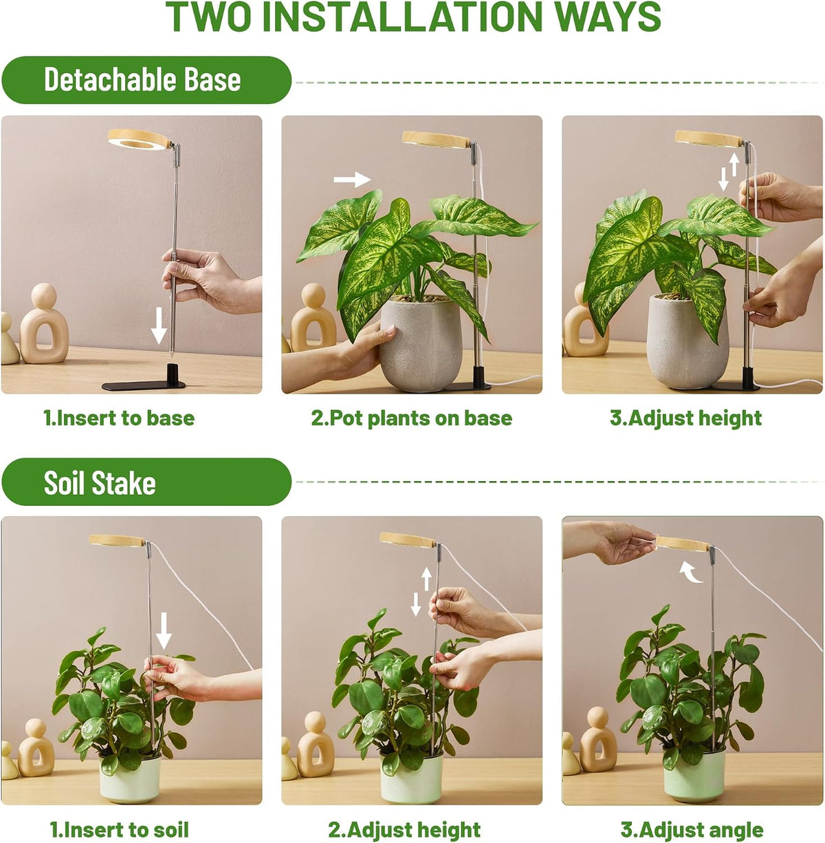 LBW Grow Light for Indoor Plants, Full Spectrum Plant Light with Base, Height Adjustable Plant Grow Lamp with Auto Timer 6/8/12/16H, 3 Colors,5 Dimmable Brightness, for Small Plants, Faux Bamboo Grain