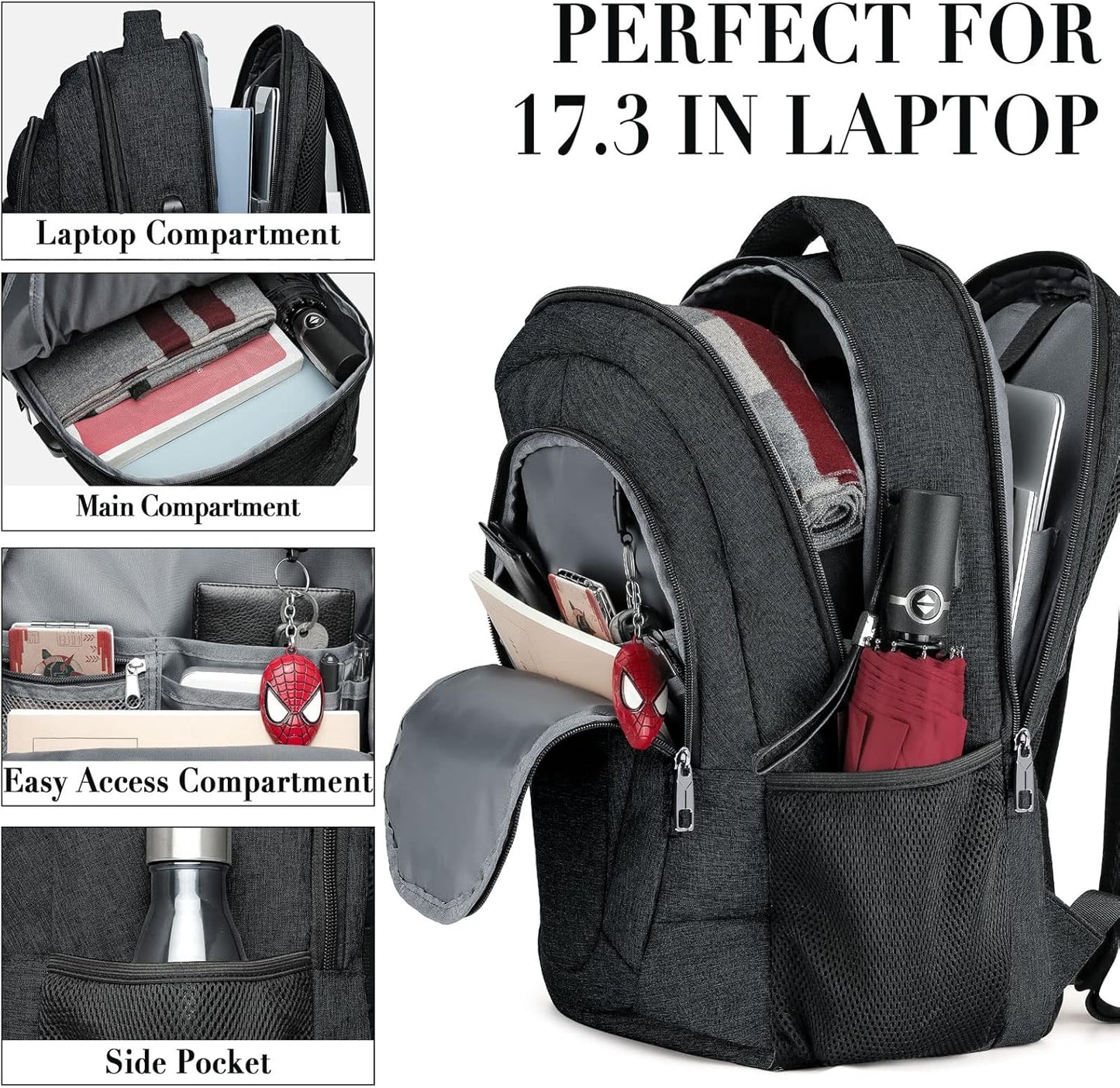 Backpack for Men and Women, School Backpacks for Teen Boys and Girls, Black Water Resistant Back Pack, Business Men Sturdy Computer Bag with USB Charging Port, Gifts