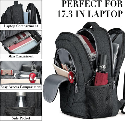 Backpack for Men and Women, School Backpacks for Teen Boys and Girls, Black Water Resistant Back Pack, Business Men Sturdy Computer Bag with USB Charging Port, Gifts