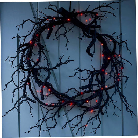 Halloween Wreath for Front Door Black Branch Halloween Wreath with Red Light 43cm Artificial Hanging Spooky Twig Door Wreath for Halloween Party Home Indoor Outdoor Decorations(with Light)