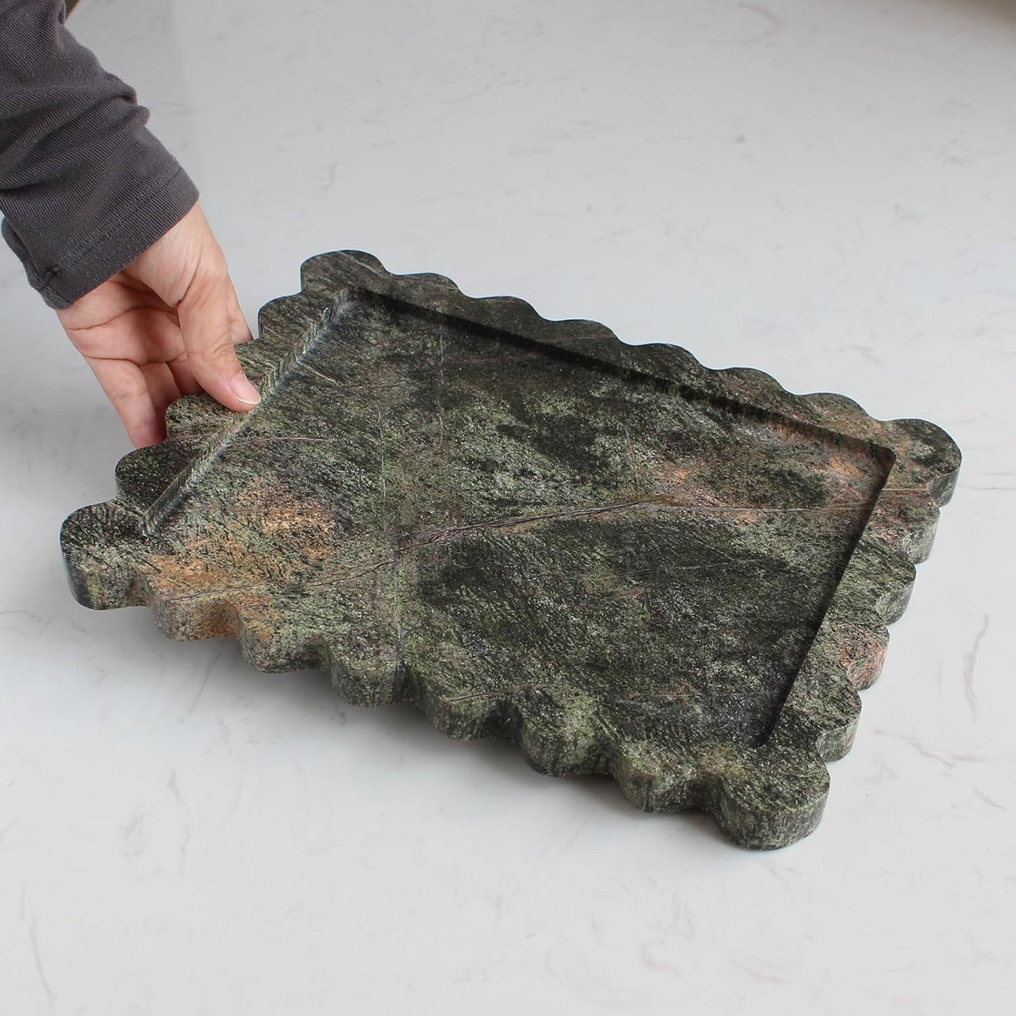 Natural Luxury Scalloped Marble Tray 10.8"x8", Rectangle Vanity Tray for Bathroom Kitchen Counter, Decorative Tray for Dresser Home Decor - Rainforest Green