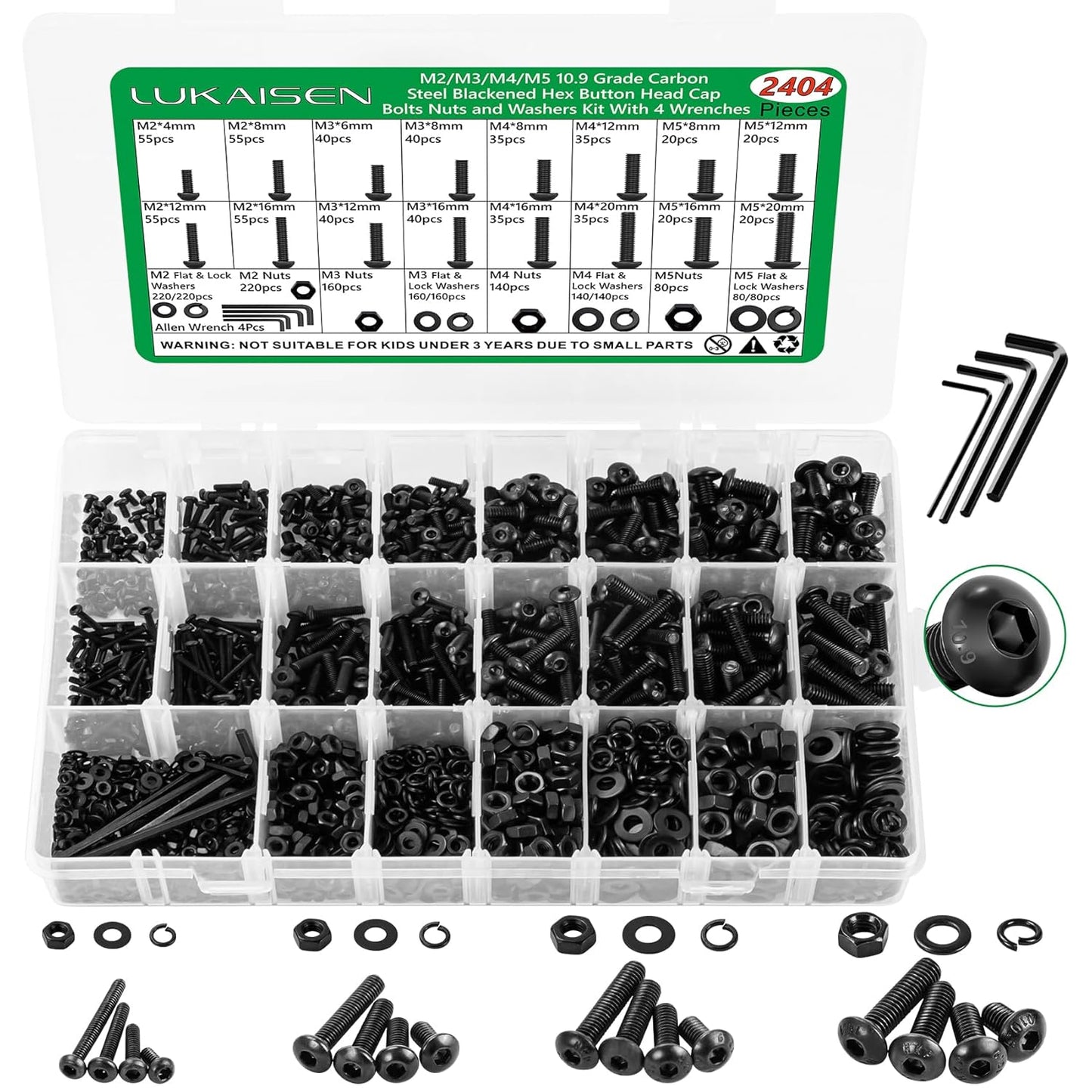 860PCS Metric Screw Assortment Kit, M2 M3 M4 M5 Machine Screws with Lock & Flat Washers, 10.9 Grade Alloy Steel, Metric Hex Button Head Cap Nuts and Bolts Assortment Kit with 4 Wrenches