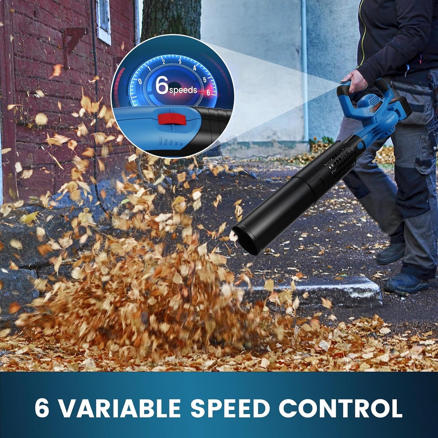 Leaf Blower Cordless,460CFM &190MPH,20V 4.0Ah Upgrade Battery Powered 2-in-1 Leaf Blower(Upgraded),6 Variable Speed,for Blowing Leaves,Debris,Snow and Dust,4.0Ah Battery&Charger Included(Blue)