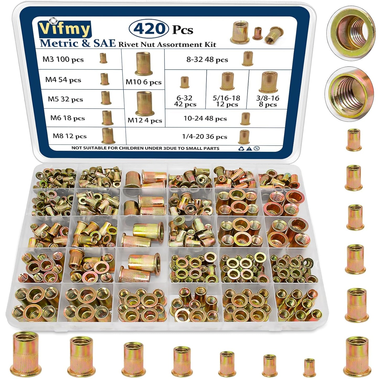 Vifmy Metric & SAE Rivet Nut Assortment Kit(420 Pcs),m3 m4 m5 m6 m8 m10 m12#6-32#8-32#10-24 1/4"-20 5/16"-18 3/8"-16 UNC Flat Head Rivnut Set,Zinc Plated Finish Carbon Steel Nutsert