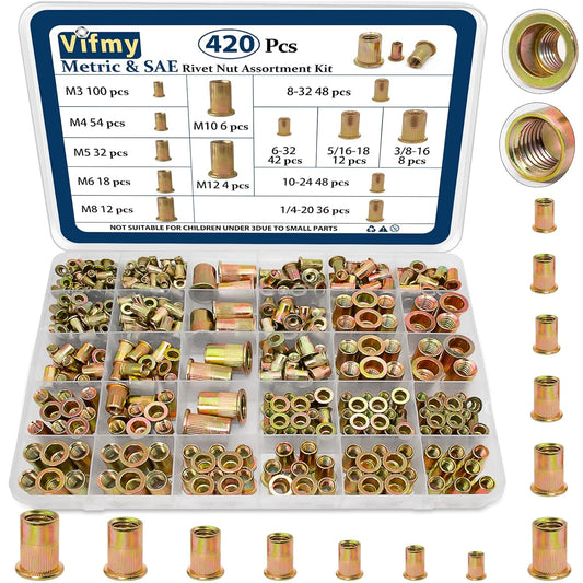 Vifmy Metric & SAE Rivet Nut Assortment Kit(420 Pcs),m3 m4 m5 m6 m8 m10 m12#6-32#8-32#10-24 1/4"-20 5/16"-18 3/8"-16 UNC Flat Head Rivnut Set,Zinc Plated Finish Carbon Steel Nutsert