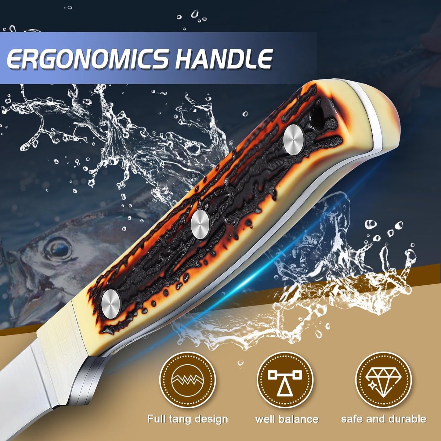 DRAGON RIOT Fillet Knife 7.5 inch Professional Boning Knife for Filleting Japanese Stainless Steel Fish Knife with Ergonomic Handle Super Sharp Fish Filleting Knife for Meat Poultry Cutting