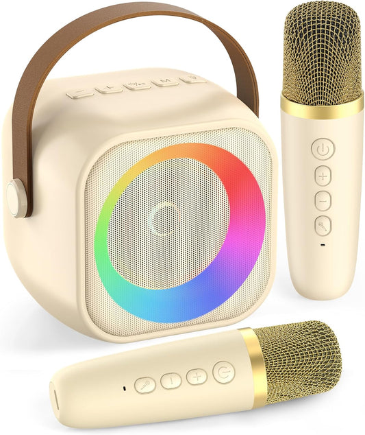 Karaoke Machine, Portable Bluetooth Karaoke Speaker with 2 Wireless Microphones and Party Lights for Kids and Adults, Birthday Gifts for Girls Boys Family Home Party (Beige2) - PuriLite