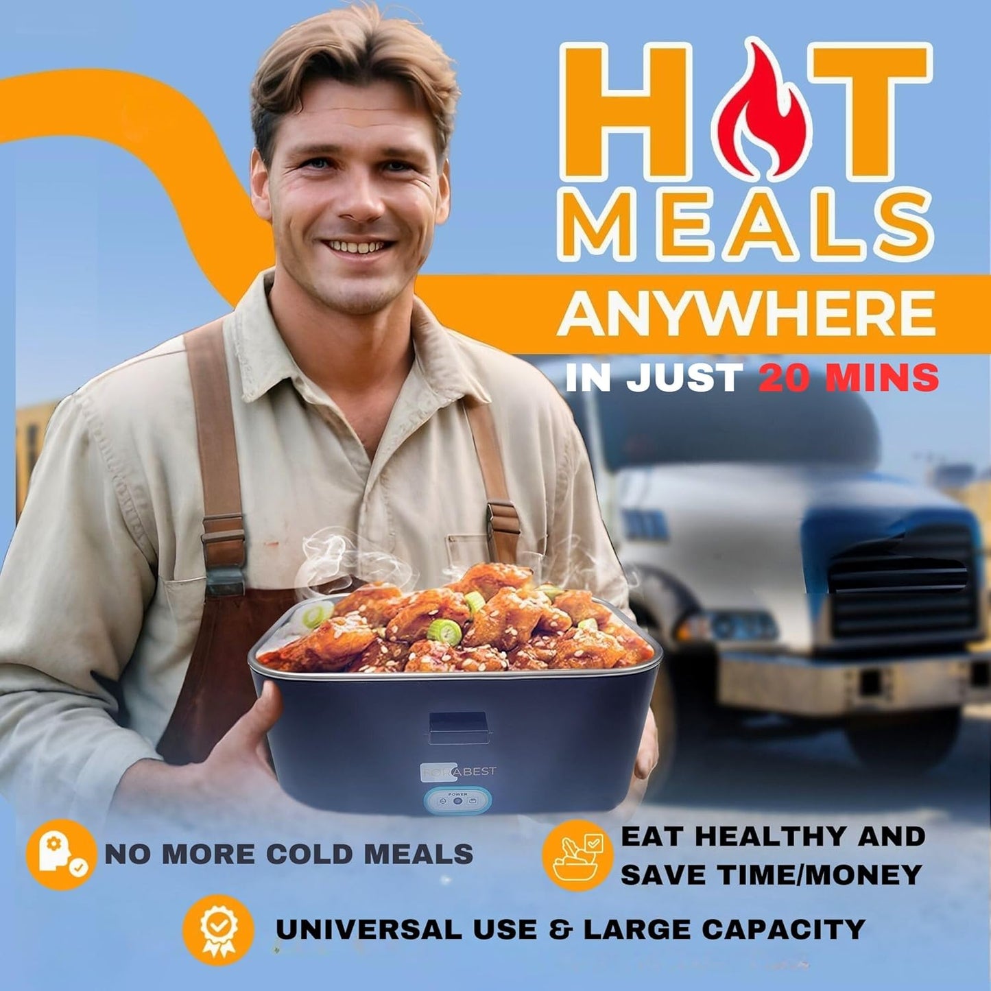 FORABEST Electric Lunch Box Food Heater 80W 1.5L Stainless Steel Heated Lunch Box for Men & Women, Universal 12/24/110/220V Self Heating Lunch Box for Car, Truck & Work, Portable Food Warmer lunch box