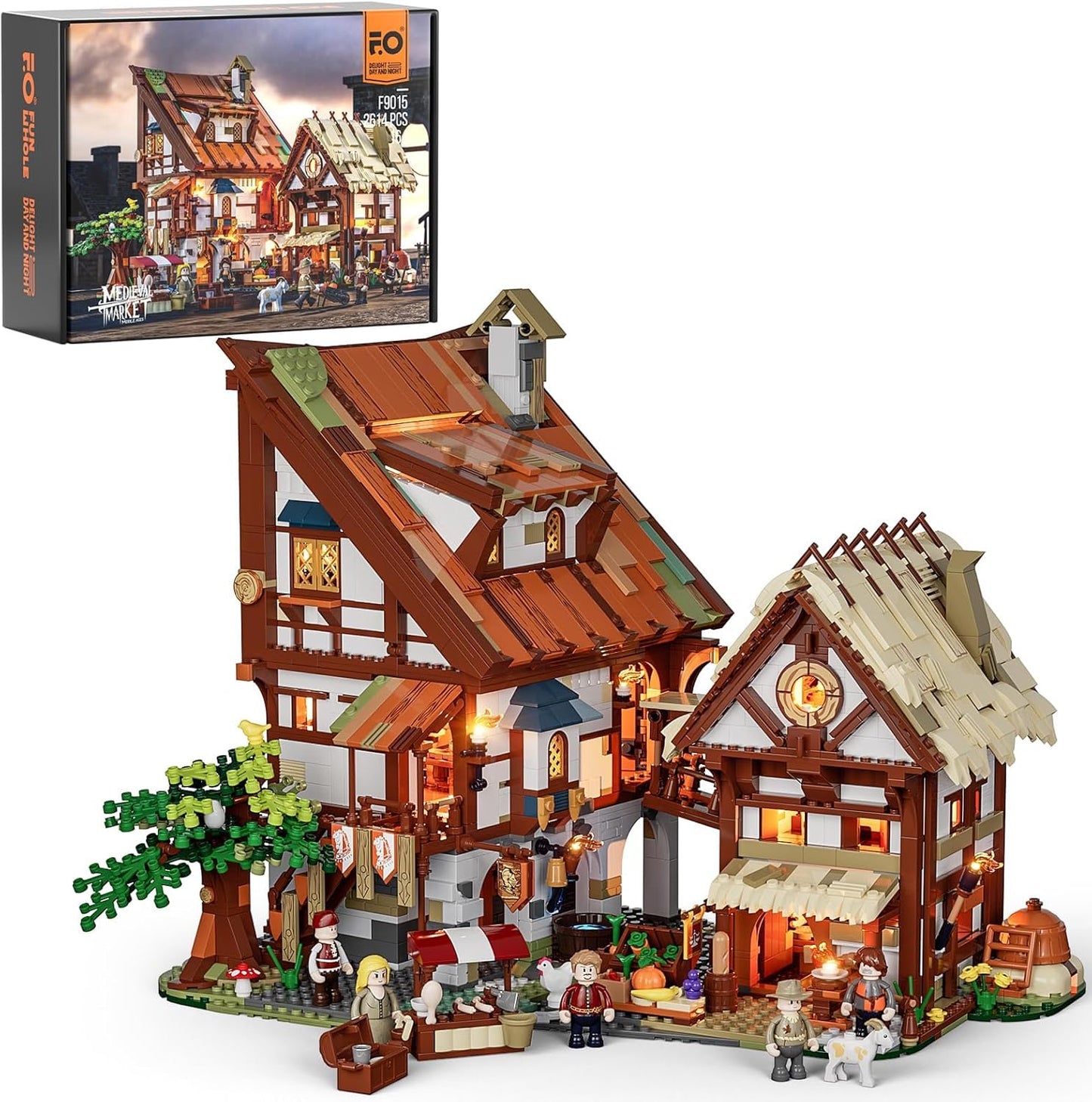 FUNWHOLE Medieval-Market Lighting Building-Bricks Set - Medieval Town LED Light Construction Building Model Set 2614 Pcs for Adults and Teen