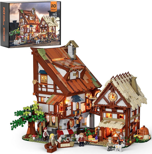 FUNWHOLE Medieval-Market Lighting Building-Bricks Set - Medieval Town LED Light Construction Building Model Set 2614 Pcs for Adults and Teen