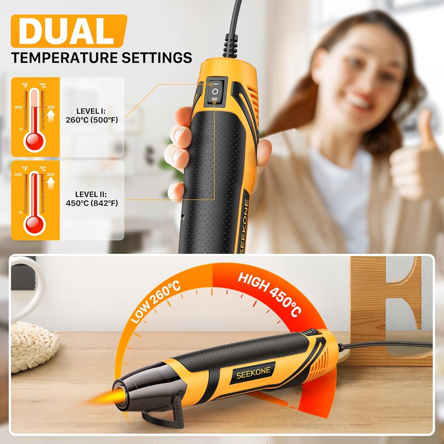 SEEKONE Mini Heat Gun, 350W 2-Temp Settings 260℃& 450℃（500℉ & 842℉） Fast Heat Hot Air Gun Tool with Reflector Nozzle and 4.9Ft Long Cable Overheat Protection for Crafting, Vinyl Wrap and Shrink Tubing