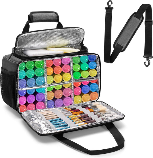 GRAOSO Acrylic Paint Organizer Hold up to 54 Bottles (2 oz), Grey | Paint Carry Case Bag for Bottle Brush Storage, Easy Cleaning Liner, Shoulder Strap and Handle for Travel