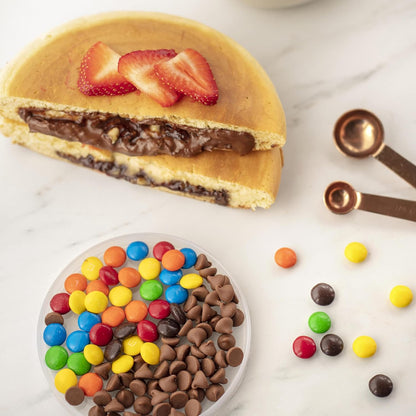 Electric Stuffed Pancake Maker- Make a GIANT Stuffed Waffle or Pan Cake in Minutes- Add Fillings for Delicious Breakfast or Dessert, Nonstick Baker Machine w Silicone Batter Funnel for Easy Use- Gift