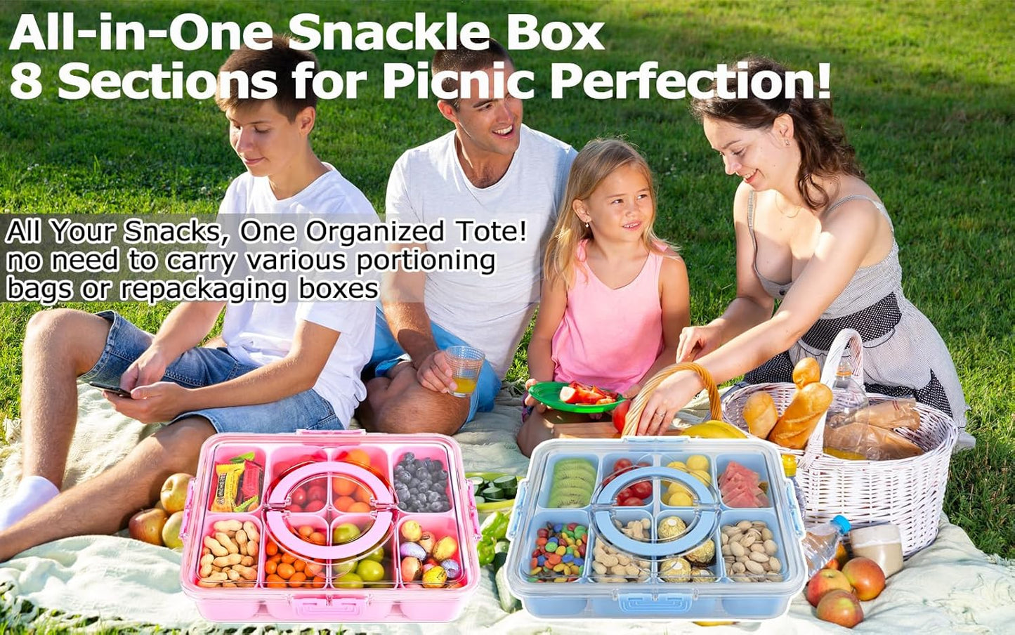 KIGITIONE Snackle Box, Pink 8 Compartments Portable Serving Tray, Divided Snackle Box Container with Lid and Handle, Snack Organizer for Fruits, Snacks, Nuts, Candy, Ideal for Party, Travel & Picnics